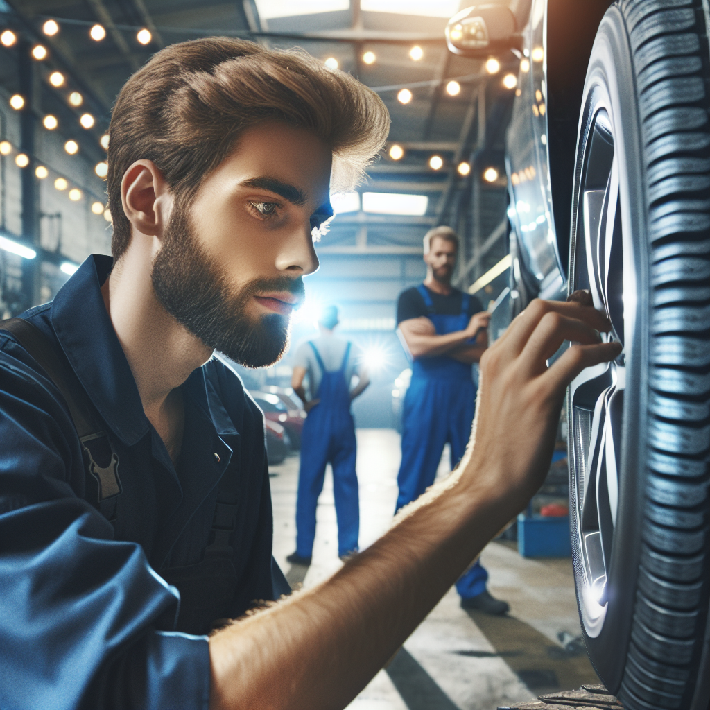 Un mecanic care examineaza o anvelopa la un service auto, concentrandu-se pe detaliile marcajelor si specificatiilor anvelopei, cu toate persoanele din imagine aparand de origine europeana.