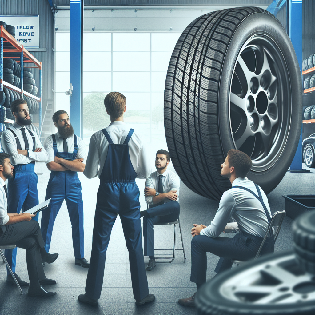 Imagine cu anvelopa 185 65 r15 pe fundalul unui service auto, unde profesionisti cu aspect european discuta despre schimbarea anvelopelor.