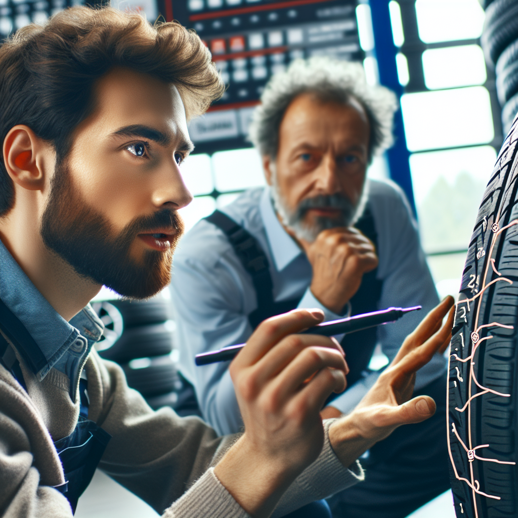Un client care discuta optiunile pentru anvelope cu un mecanic intr-un centru de service auto, cu un accent pe marcajele si specificatiile anvelopelor pentru modelul 195 65 r15, asigurandu-se ca toate persoanele din imagine par a fi de origine europeana.