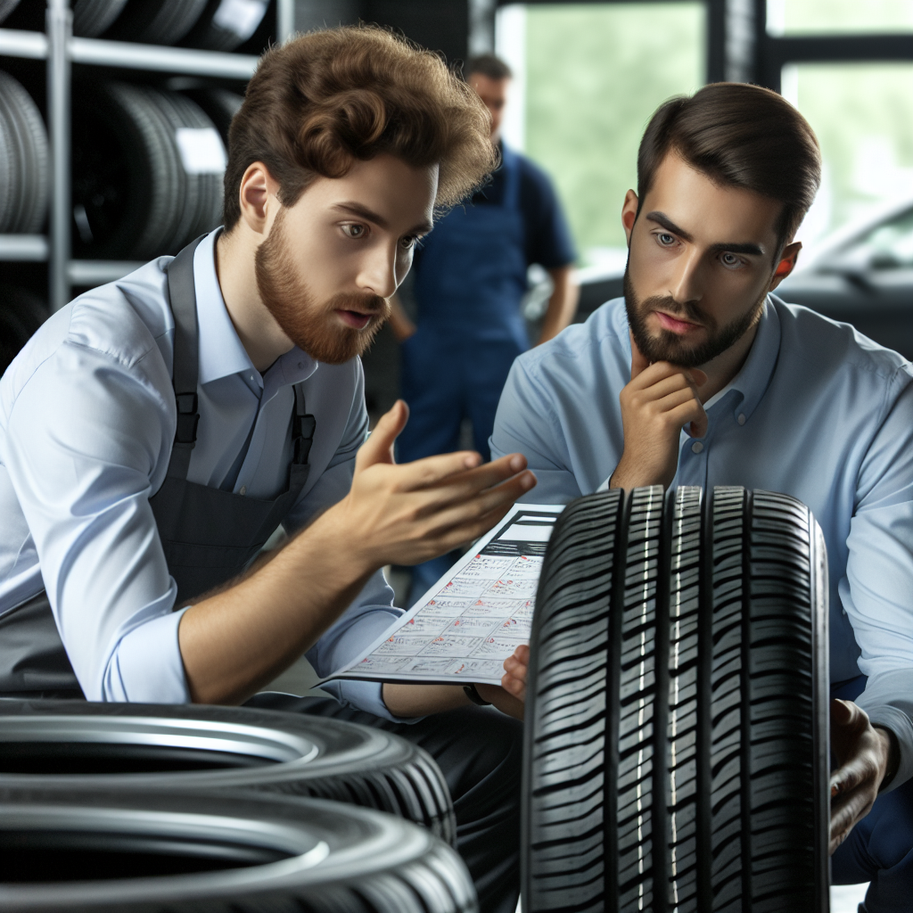 Un client care se consulta cu un mecanic despre optiunile pentru anvelope, privind in mod special o anvelopa cu eticheta 195 60 r15 88h, cu persoanele din imagine aparand de origine europeana.
