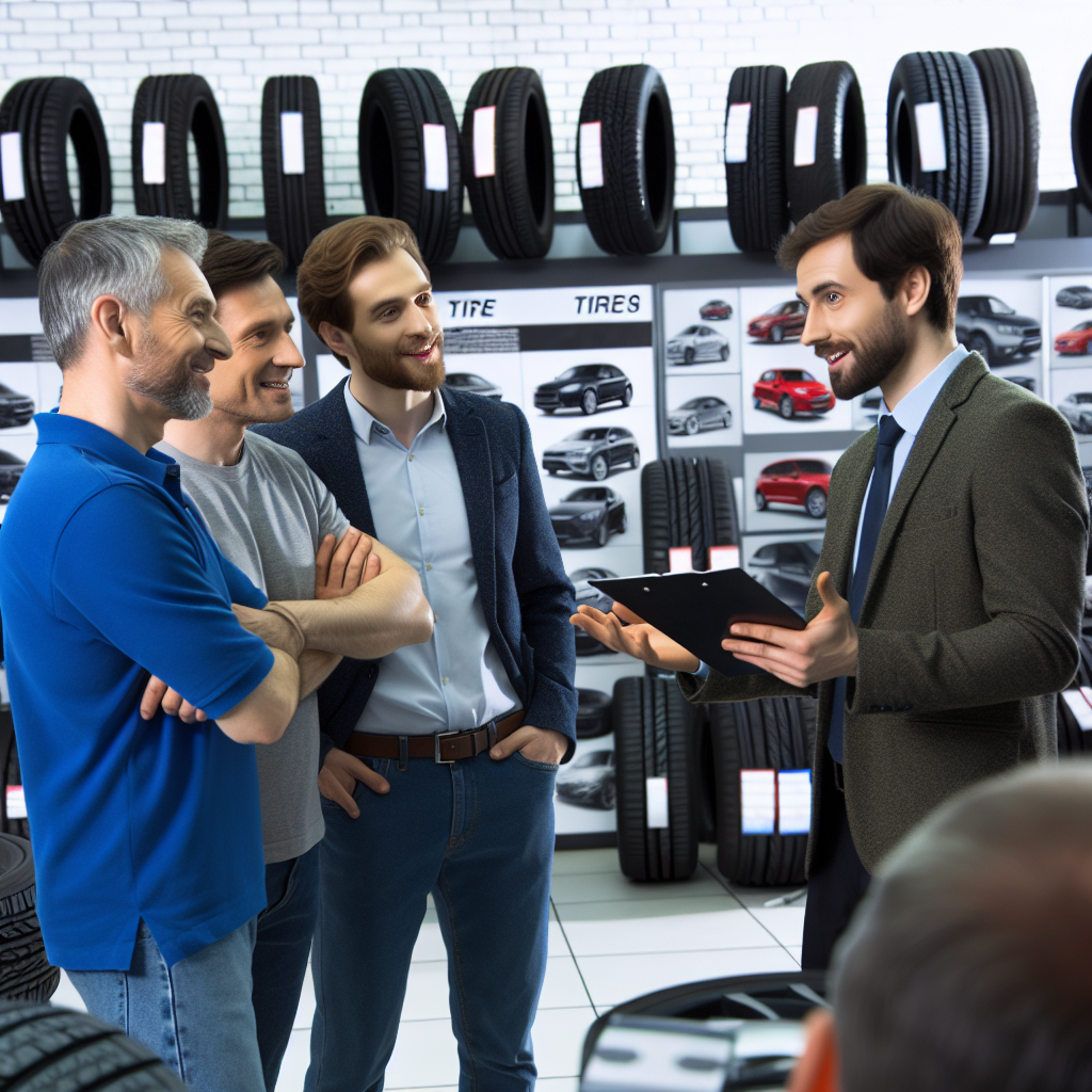 Imagine cu soferi care discuta despre alegerea anvelopelor cu un specialist profesionist in service auto, toti oamenii arata de tip european, diverse modele de anvelope sunt afisate in fundal.