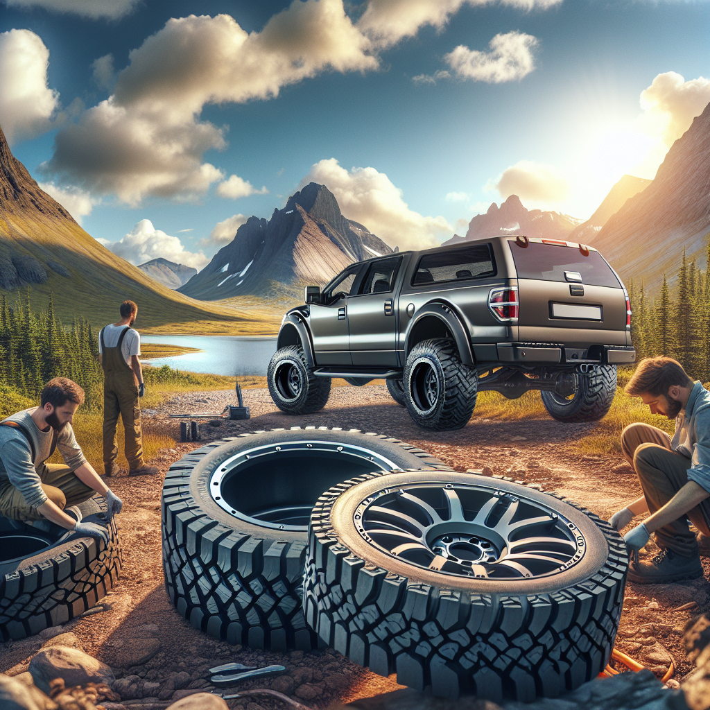 Imagine cu un SUV echipat cu anvelope de dimensiuni 31x10.5 R15, in fata unui peisaj natural pitoresc, punand accent pe anvelope si detaliile acestora. Persoanele din imagine sunt de tip european, angajate in procesul de montare a anvelopelor pe autoturism.