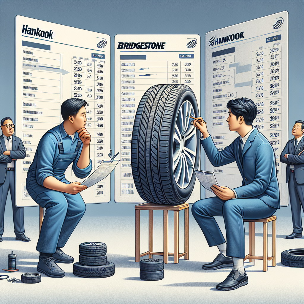 Imagine cu anvelopele Hankook si Bridgestone in comparatie, cu specificatii clare si preturi, avand un aspect fotografic. Toate persoanele din imagine au tipologie europeana.