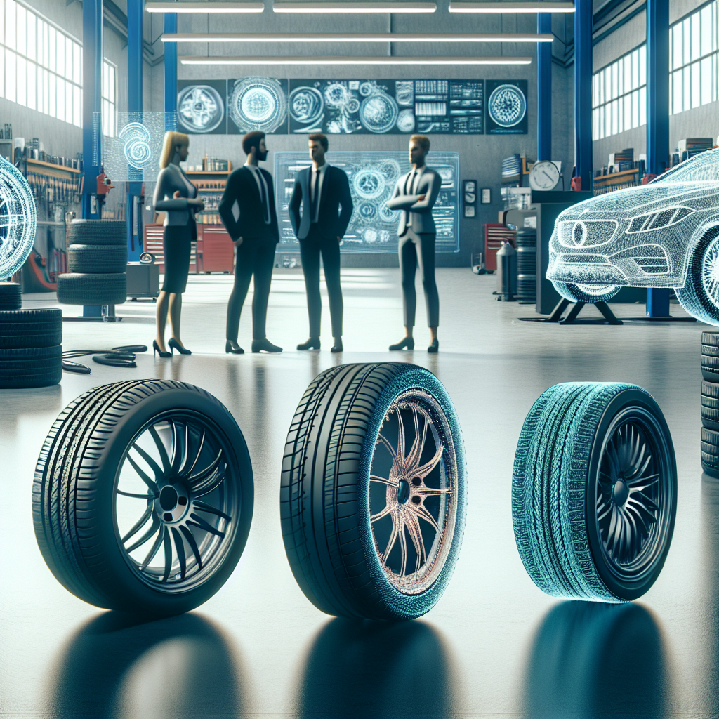 Imagine cu trei modele diferite de anvelope japoneze pe fundalul unui service auto modern, toate persoanele de tip european, accent pe calitatea anvelopelor.