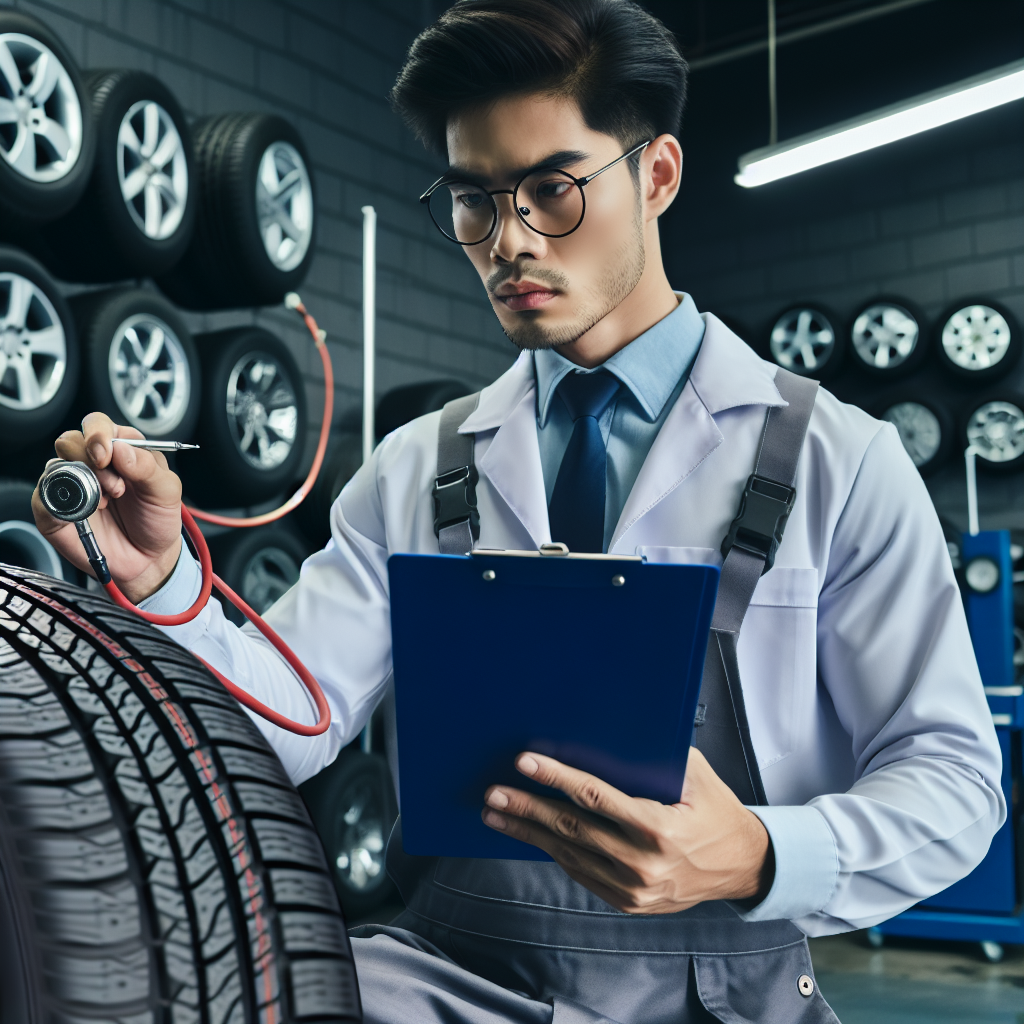 Imagine cu un profesionist care efectueaza diagnosticarea starii anvelopelor unui automobil in service auto. Toti oamenii arata de tip european, anvelope de diferite modele sunt de asemenea vizibile in fotografie.