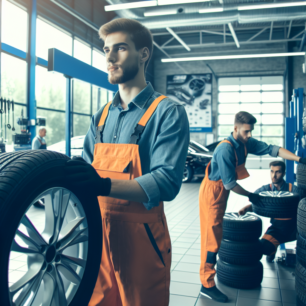 Imagine cu un service auto modern si muncitori care instaleaza anvelope japoneze, focus pe servicii pentru clienti, toate persoanele de tip european.