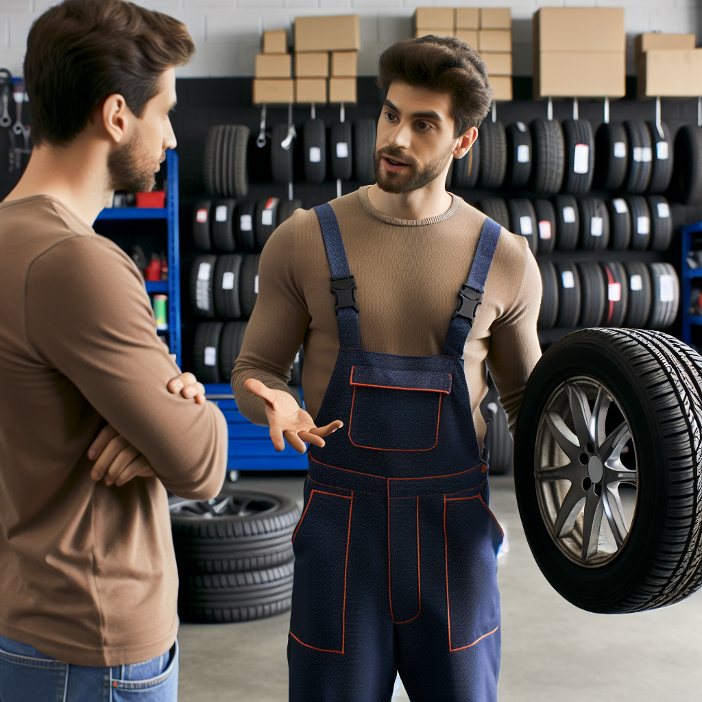Imagine cu un profesionist in service auto care explica clientului mituri despre anvelope si arata diferite modele. Toti oamenii arata de tip european.