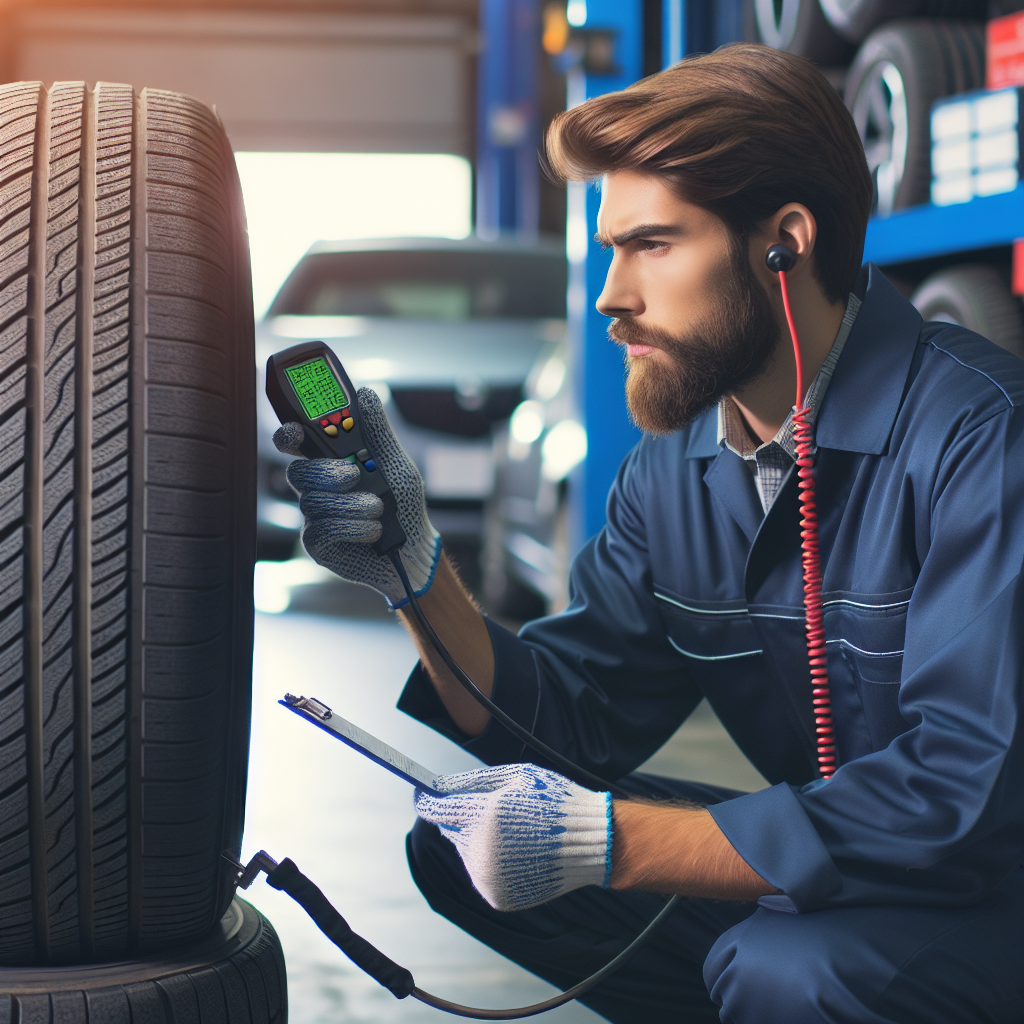 Imagine cu un profesionist care verifica starea anvelopelor japoneze intr-un service auto, toate persoanele de tip european, accent pe detaliile anvelopelor si uneltele de inspectie.