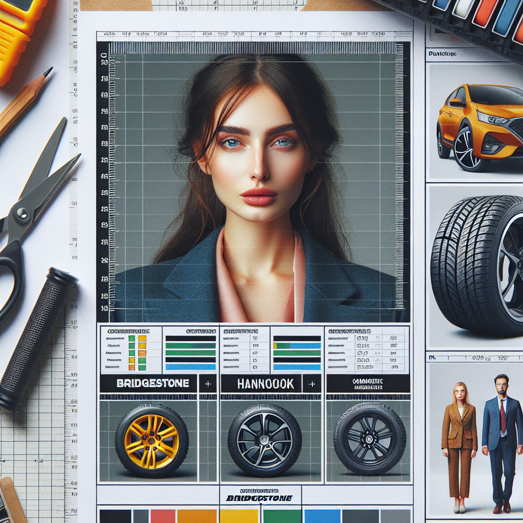 Imagine cu caracteristicile anvelopelor Bridgestone si Hankook, incluzand grafice si diagrame care prezinta date comparative despre fiecare brand, avand un aspect fotografic. Toate persoanele din imagine au tipologie europeana.