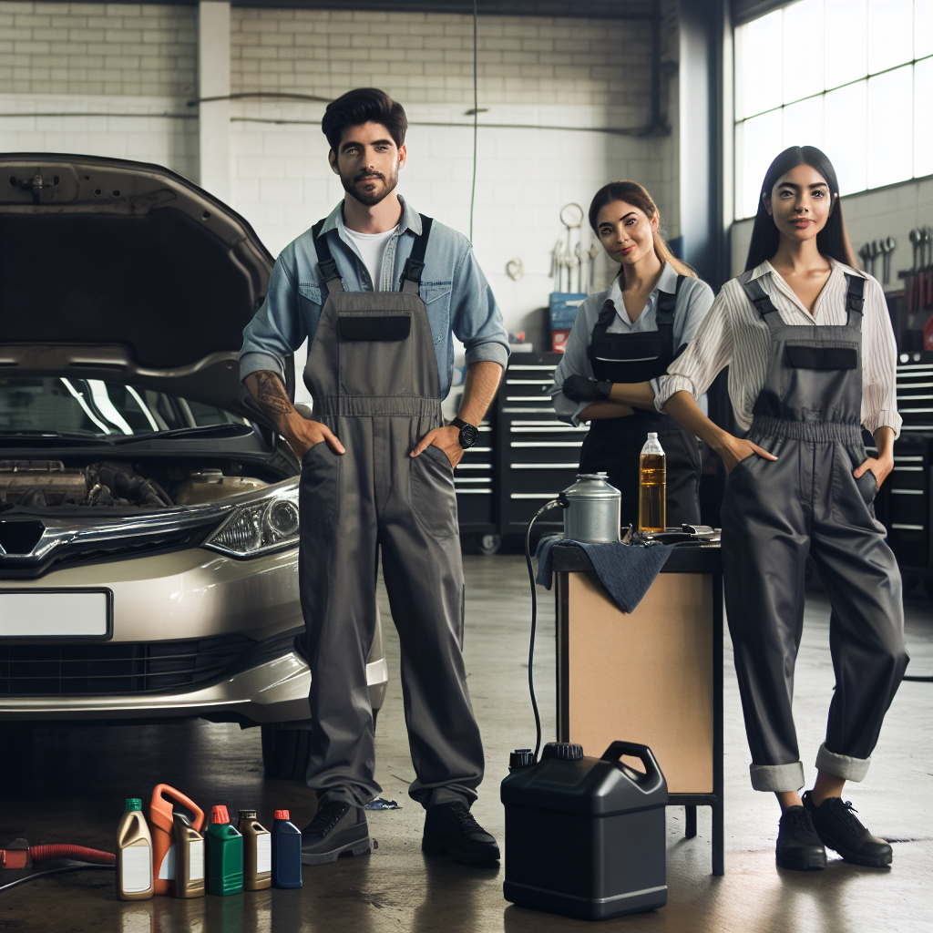 Specialisti in autoserivice care lucreaza la un automobil, pregatindu-se pentru schimbul de ulei. Toti oamenii au infatisare de tip european.