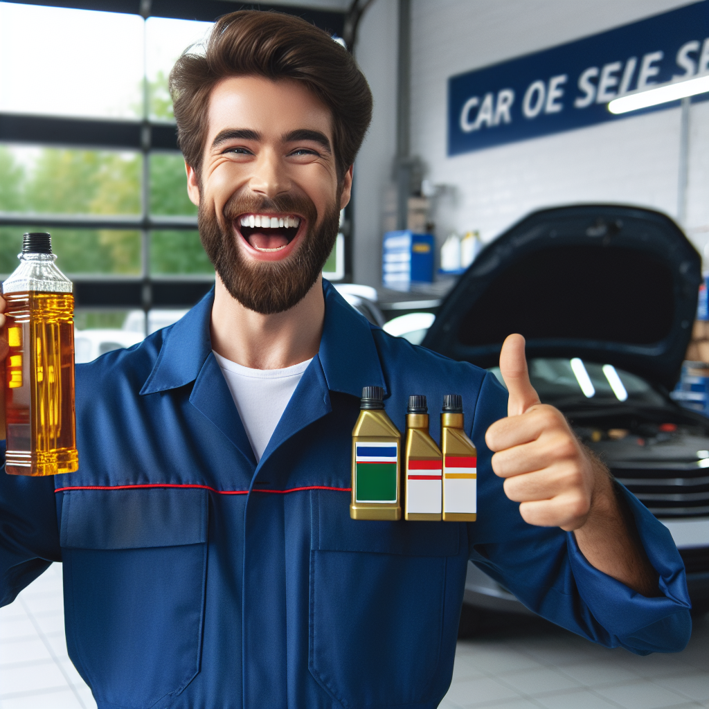 Mecanicul profesionist cu trasaturi europene zambeste fericit in timp ce arata uleiurile corecte pentru masini intr-un service auto modern, astfel incat sa nu poata fi deosebit de o fotografie.