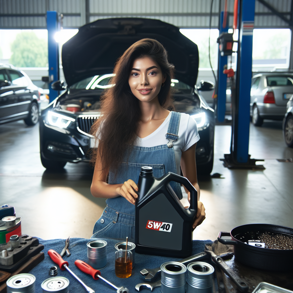 Imagine cu un profesionist lucrand cu ulei de motor 5w40 intr-un service auto, intr-o atmosfera prietenoasa, care ilustreaza procesul de inlocuire a uleiului pentru masini de tip european.