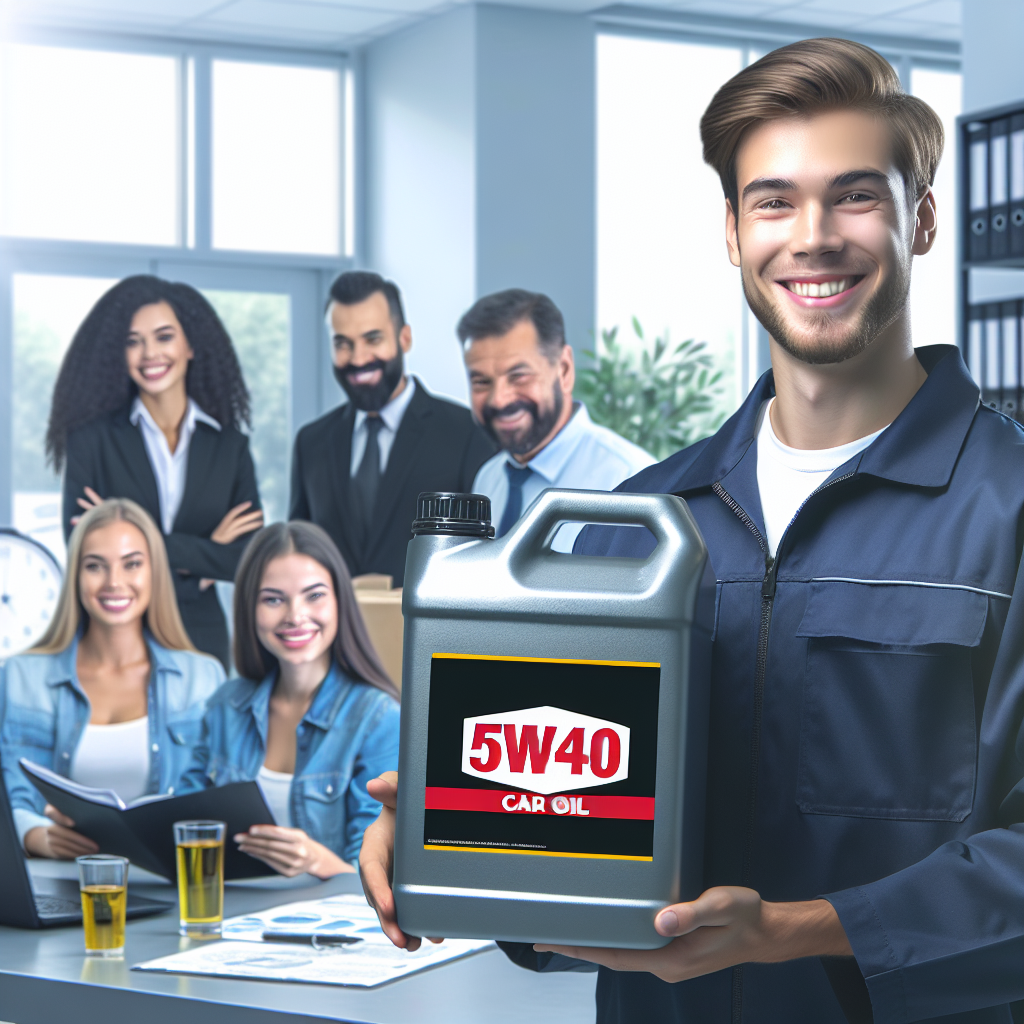 Imagine cu un curier care livreaza ulei 5w40 pentru masini intr-un service auto, pe fundalul unui birou modern, cu oameni de tip european, intr-o atmosfera amicala.