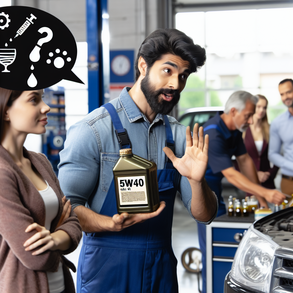 Imagine cu un mecanic auto care explica propietarului de masina mituri comune despre uleiul de motor 5w40, pe fundalul unui service auto unde lucreaza oameni de tip european intr-o atmosfera prietenoasa.