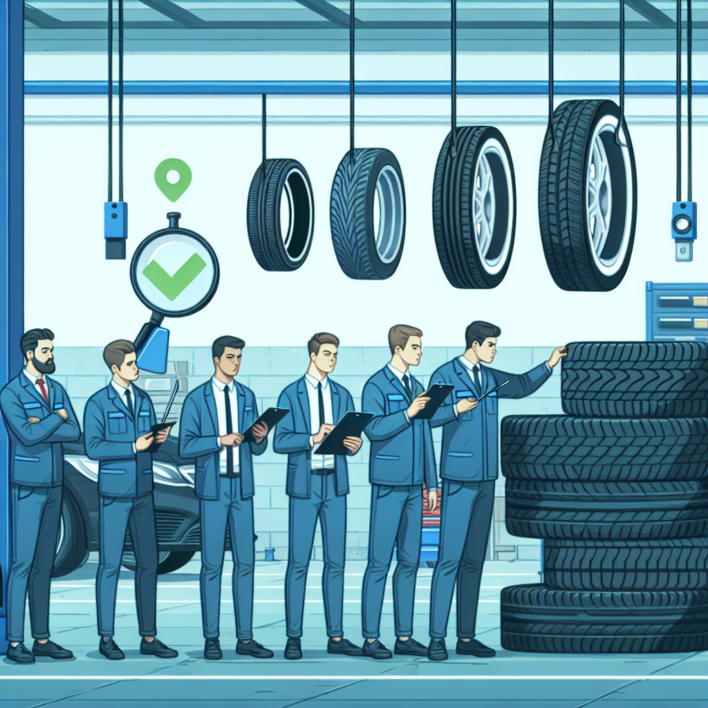 Imagine cu procesul de verificare a calitatii anvelopelor Yokohama in service auto, incluzand elemente care indica un fals. Toate persoanele din imagine trebuie sa fie de tip european.
