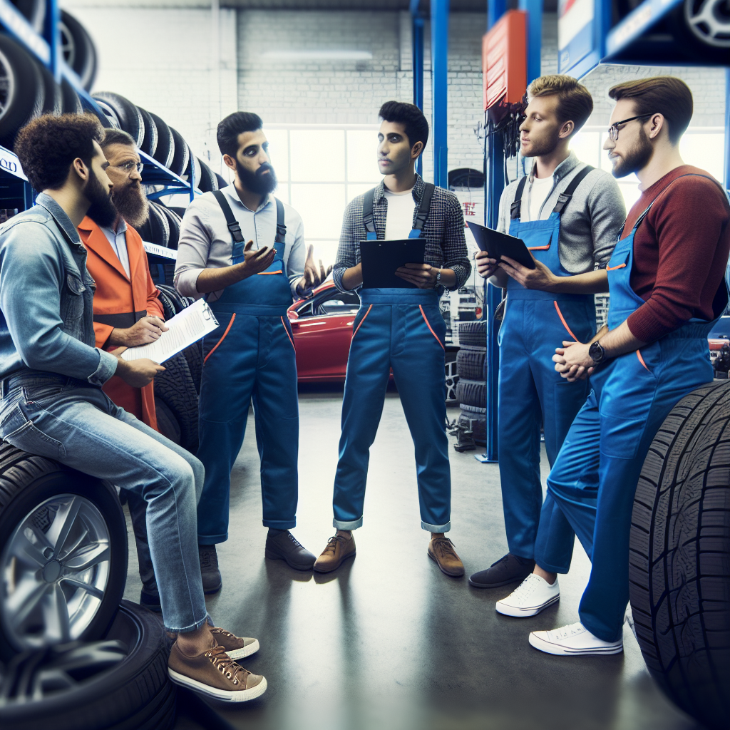 Imagine cu experti discutand despre alegerea intre anvelopele Matador si Cordiant intr-o atelier auto, pentru a arata ca o fotografie reala.